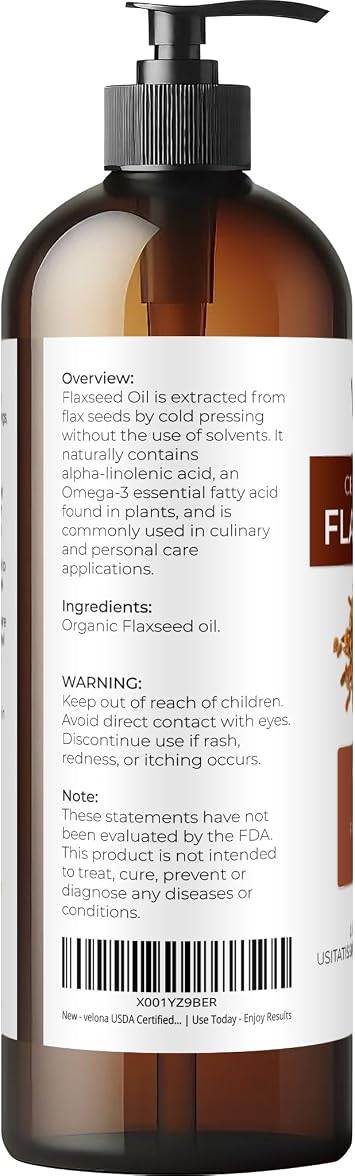 velona USDA Organic Flaxseed Oil - 16 fl oz, Cold Pressed, with Pump