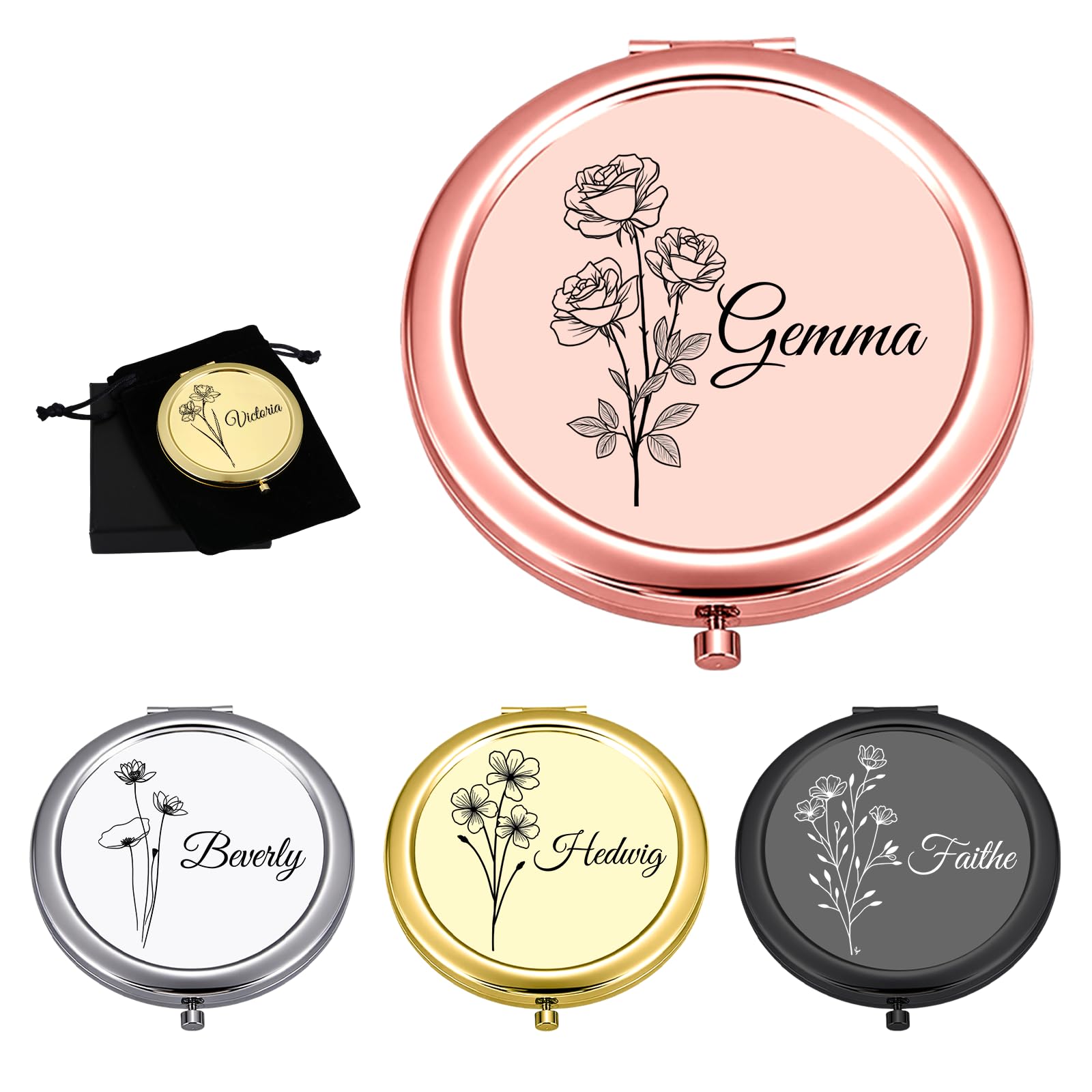 Personalized Compact Mirror Gifts for Women, Custom Pocket Mirror with Birth Flower and Name,Small Purse Mirrors, Double-Sided 1X/2X Magnifying Travel Makeup Mirrors, Wedding Bridal Shower Gifts
