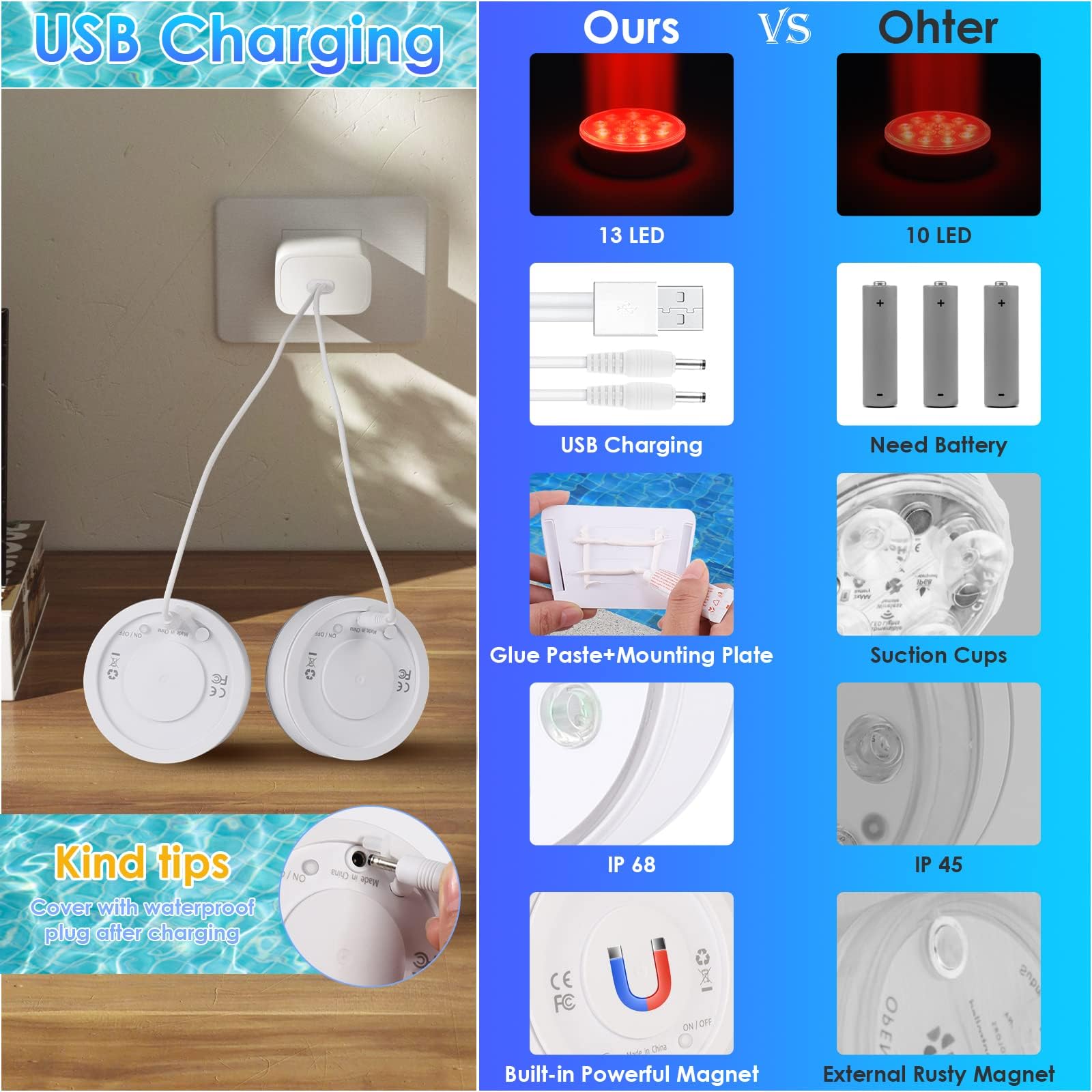 2 Pezzi Ricaricabile LED Sommergibili Luci Con Telecomando 13 LED Luci Piscina Impermeabile Luci Subacquee 16 Colori Luce LED Sommergibili Luce Piscina RGB IP68 Impermeabilità Adatta per Giardino Vas