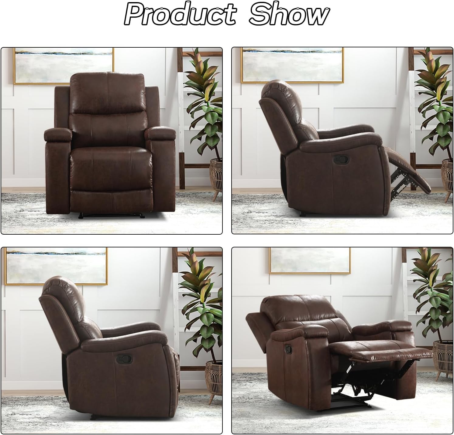 Brown Recliner Chair, Single Overstuffed Sofa Recliners, Breathable Faux Leather Manual Reclining Chairs with Hidden Cup Holder, Arm and Back for Adults, Living Room, Bedroom, Dark Brown