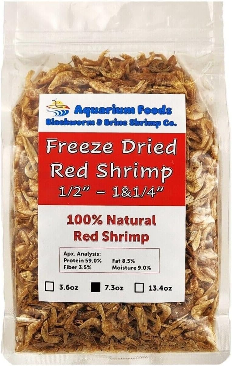 Aquatic Foods Inc. Red Shrimp, 1/2" to 1&1/4" Floating Freeze Dried Red Shrimp for All Tropical Fish, Cichlids, Catfish, Marines, Pond Fish, Turtles, Hamsters, Reptiles…7.3oz Clear Bag