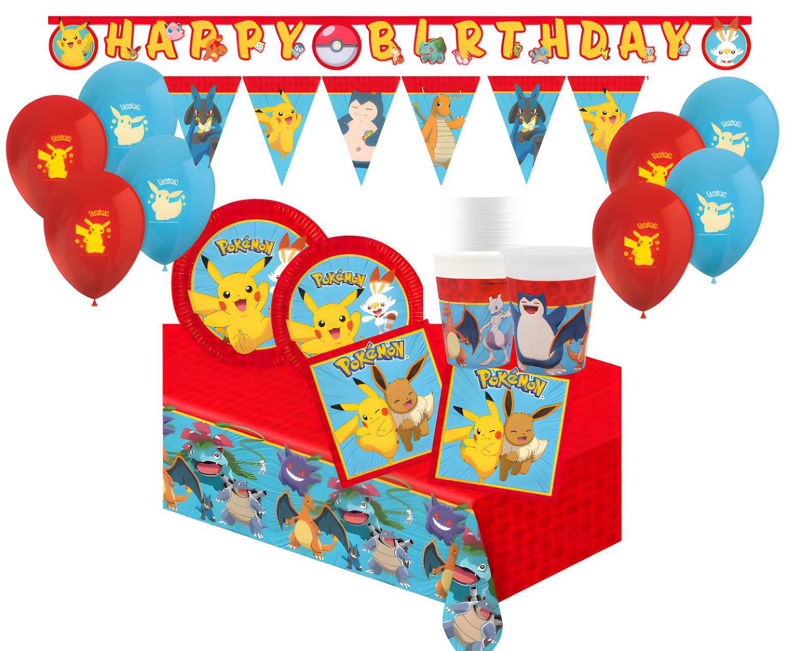 Kit Compleanno Pokemon per 24 Persone - Set Festa (24 Piatti, 24 Bicchieri, 40 Tovaglioli, 8 Palloncini, 1 Tovaglia, Festone, Bandierine) - Addobbi Tema Pokemon per Bambini