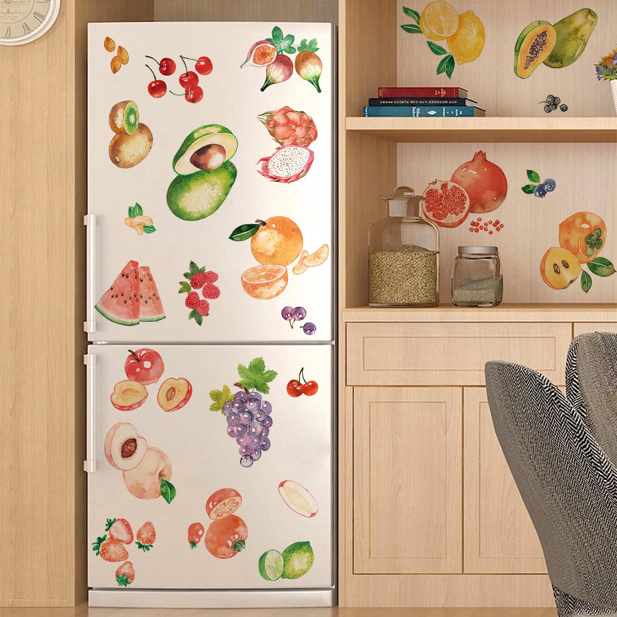 Lot de 2 feuilles d'autocollants étanches pour réfrigérateur - Autocollants décoratifs - Stickers de Fruits d'aquarelle Mural - Vinyle - Art mural - Décoration d'intérieur