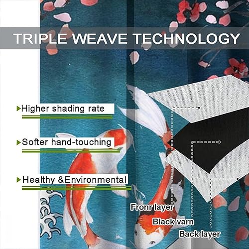 Vista 35 de Cortinas japonesas de pez koi, estilo asiático Koi Big Wave Koi, cortina con bolsillo para cortinero para dormitorio, cocina, sala de estar, Koi