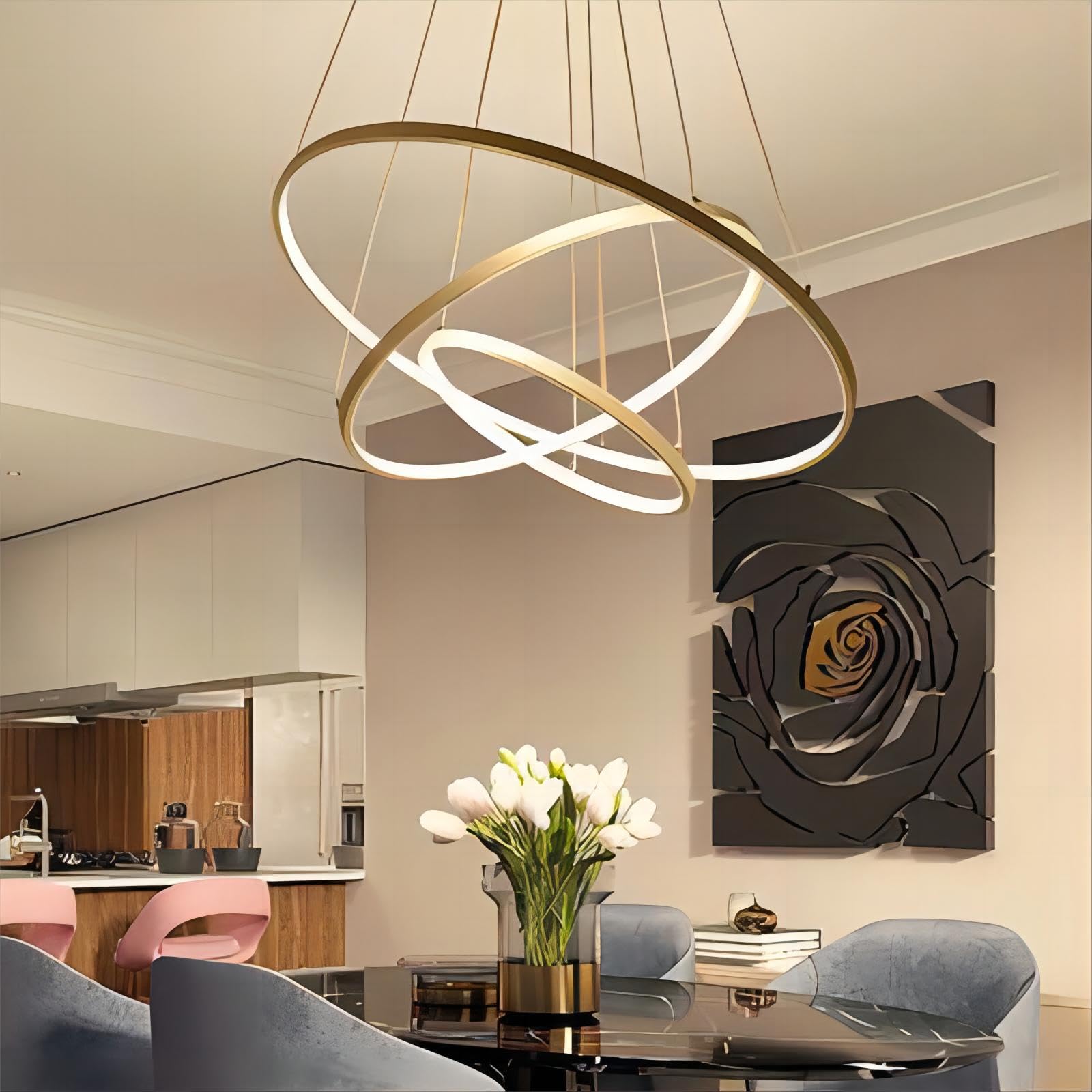 Lampadario Sospensione LED Moderna Oro, Dimmerabile Lampadari Soggiorno con Telecomando 115W, 3 Anelli Lampada a Sospensione Regolabile in Altezza per Sala da Camera Pranzo 40+60+80cm