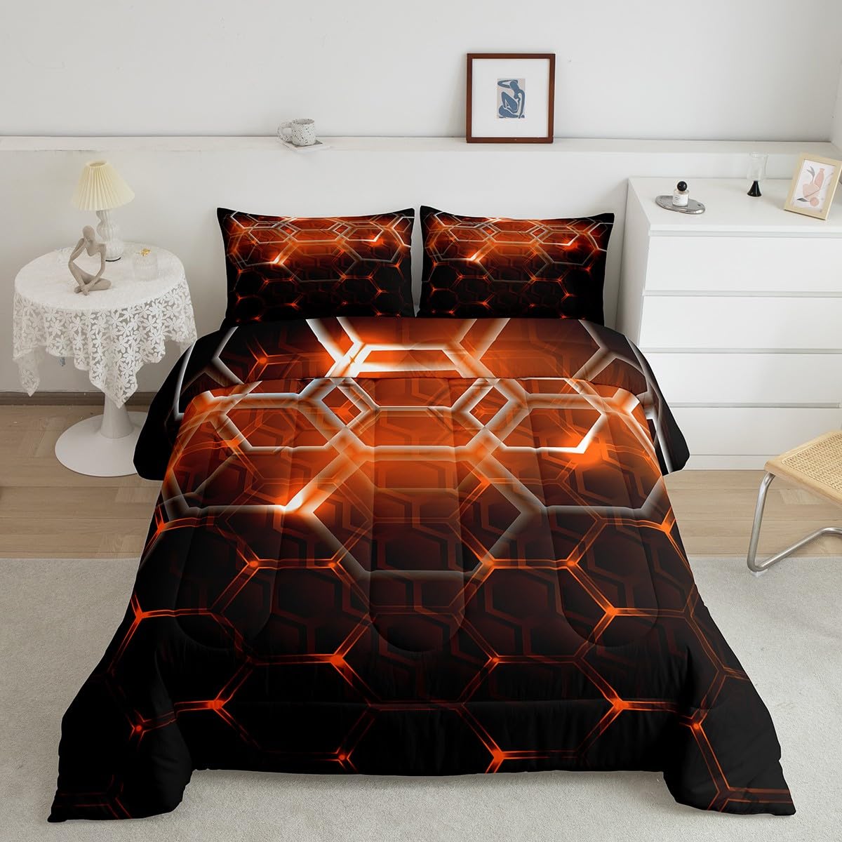 Feelyou Honeycomb Comforter Set Full Size Geometric Hexagon Bedding Set 3pcs Kids Boys Teens Room Decor Black Orange Neon Lights Duvet Insert Modern