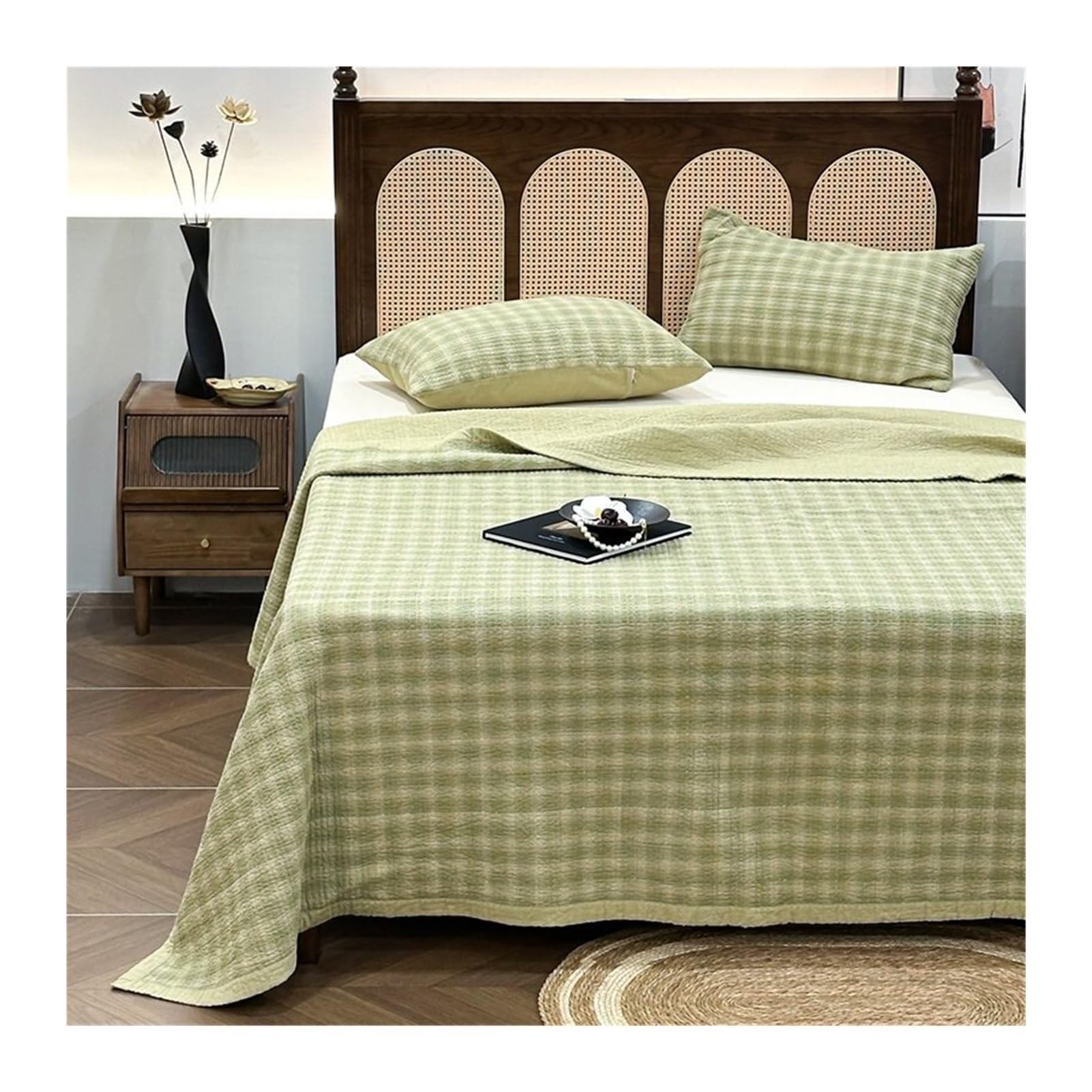 GBHMJU Plaid Quilt Set 3 Pieces Queen Size Soft Cotton Lightweight Summer Reversible Coverlet Bedspread for All Season, 1 Quilt and 2 Pillow Shams(Green,230x250cm 1 Piece)
