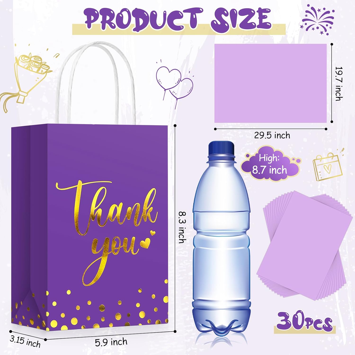 Tinlade 30 Pcs Thank You Gift Bags with Tissue Paper Gold Thank You Wedding Bags with Handle for Graduation Business Shopping Wedding Shower Party Favors(Dark Purple) - Image 2