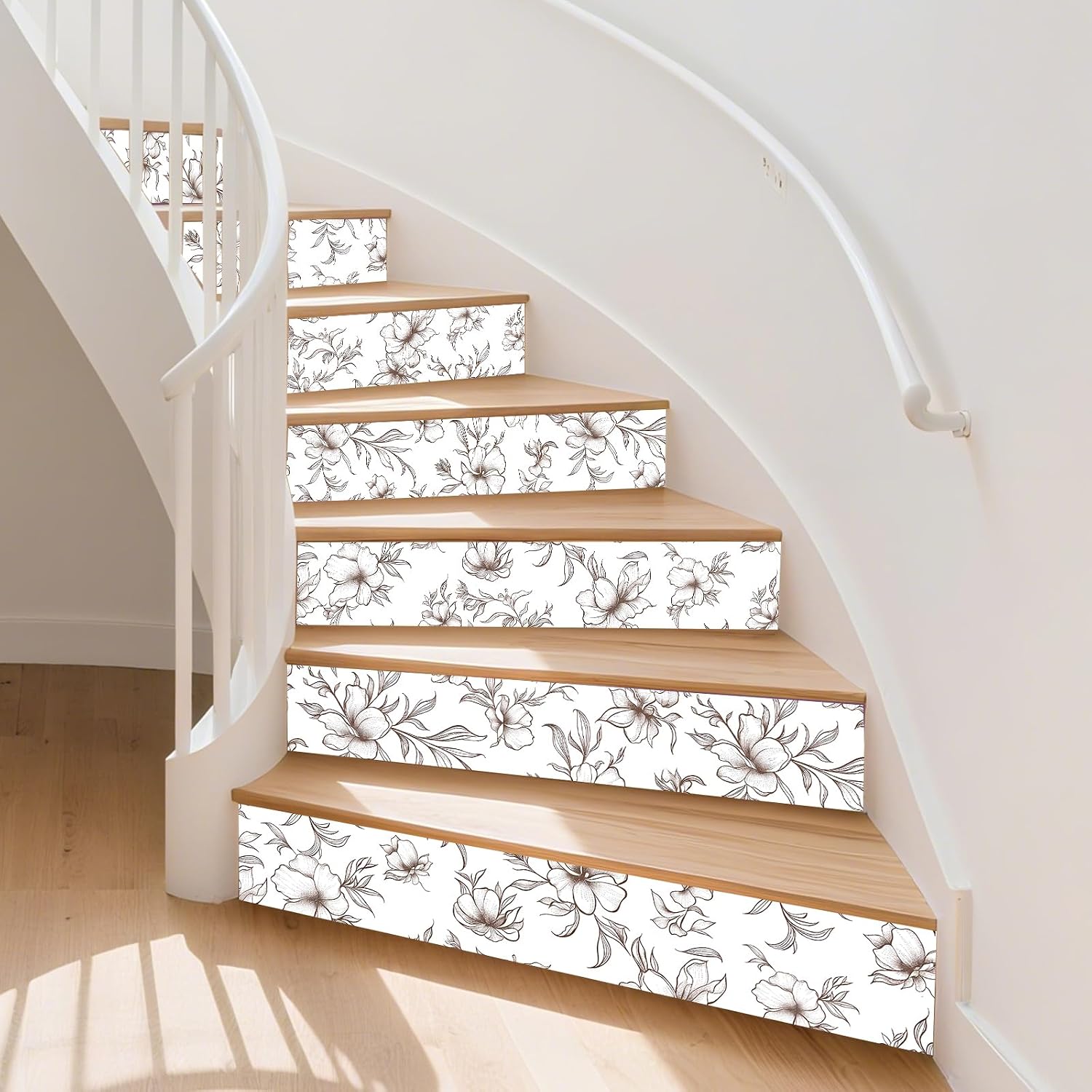 PLIGREAT 15 Strips Sketch Floral Stair Decals, Peel and Stick Stair Riser Stickers for Steps 7.1"x39" Self-Adhesive Vinyl Flower Staircase Murals Decor for Home Hotel