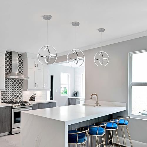Miniatura 2 de Chrome Modern LED Pendant Light, Silver Dimmable Metal Globe Chandelier, Hanging Ceiling Light Fixture for Room Dining Bedroom Living Room Kitchen