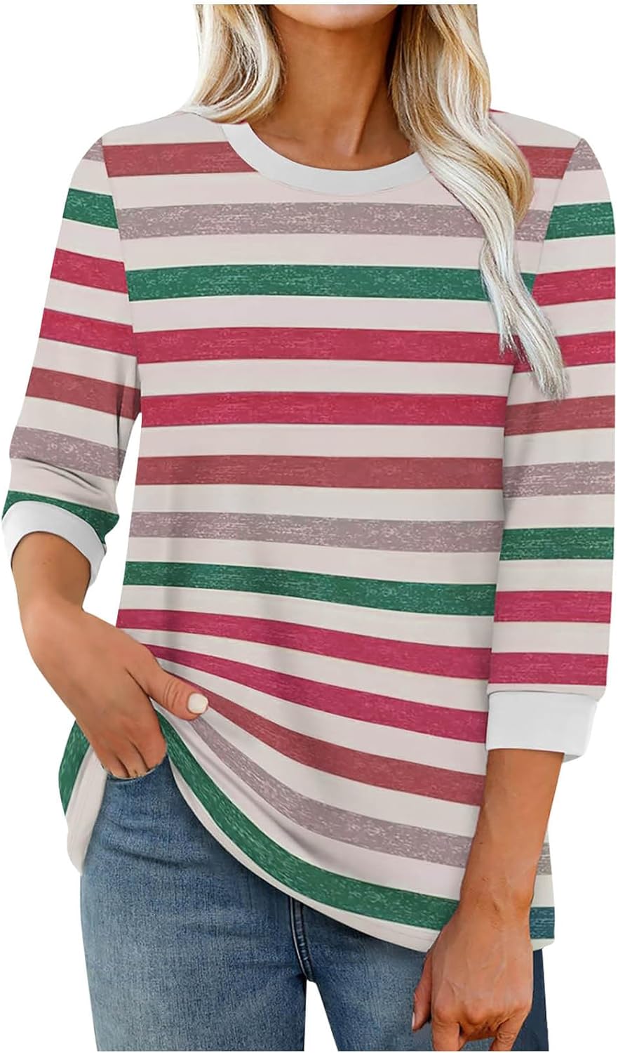 3/4 Length Sleeve Womens Tops Striped Cotton Blouse Crew Neck Loose Fit Casual Shirt Graphic Fashion Tees 2025