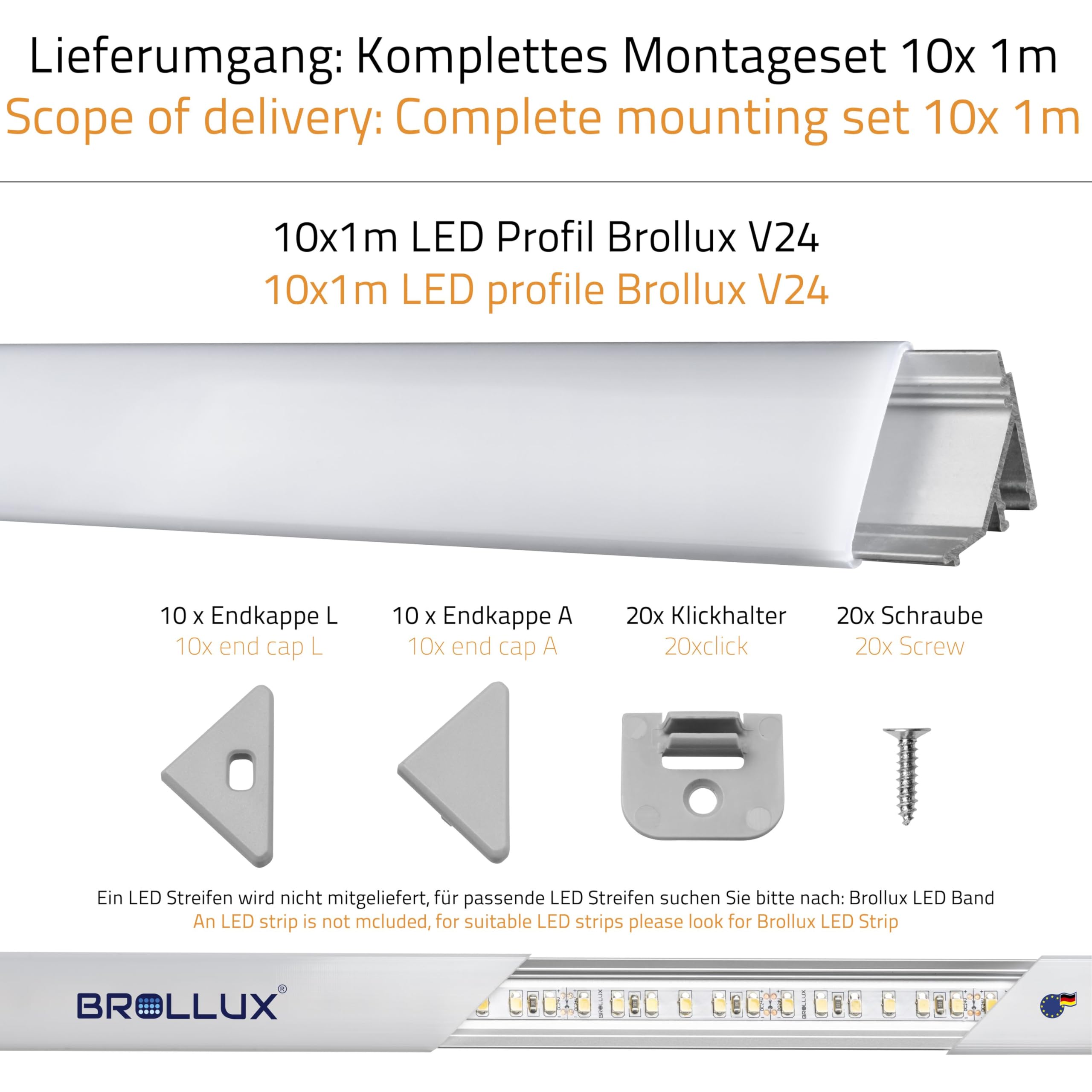 Perfil de esquina de LED V24, juego 10x100cm, perfiles de aluminio de 45 grados para la tira de LED como tira de luz