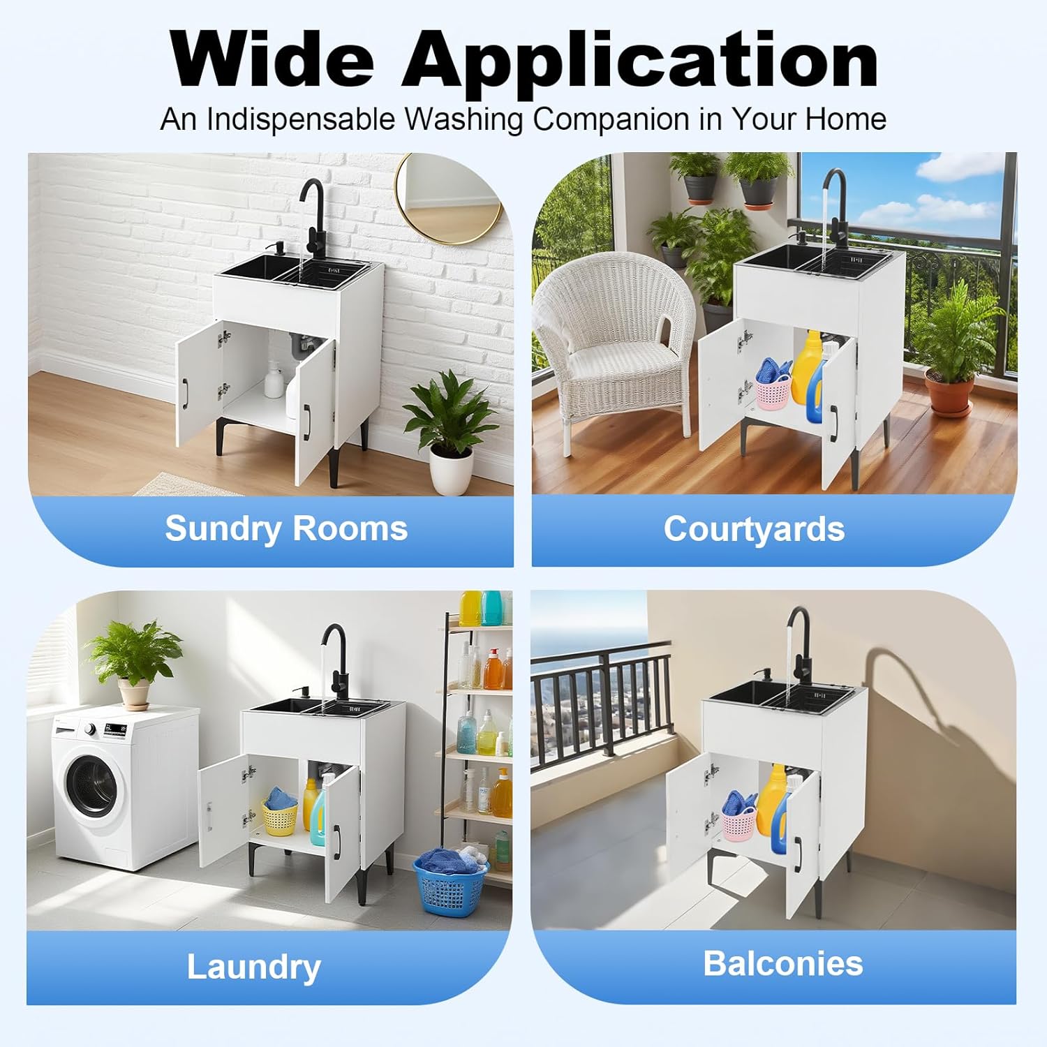 Laundry Utility Sink with Cabinet, Kitchen Sink Base Bathroom Vanity Ready-to-Assemble Bathroom Cabinet 11.81" Width, All-in-One Utility Sink for Laundry Room, Garage, Mudroom (White)