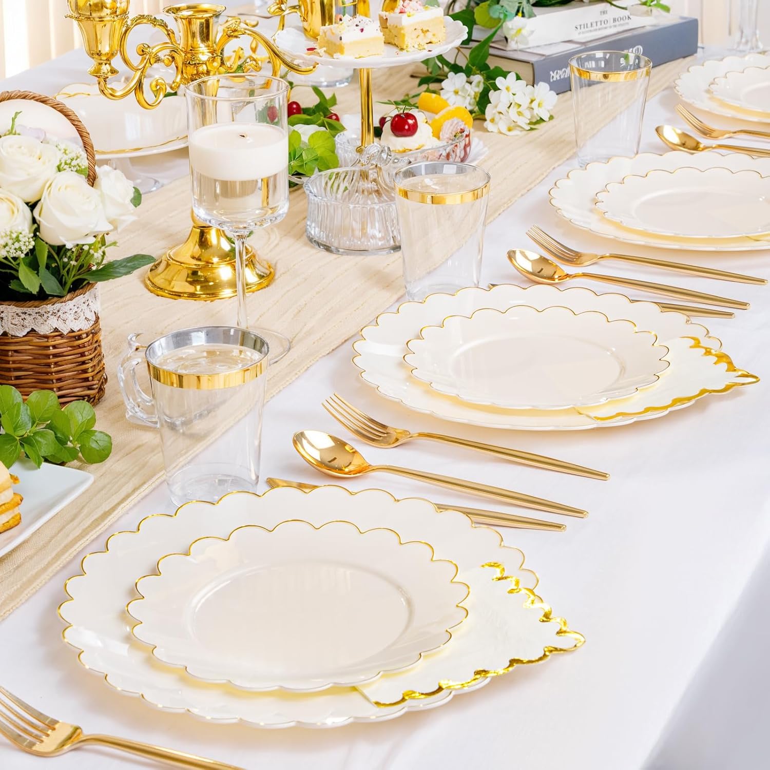 LIYH 210 Pcs Ivory Plastic Plates Scalloped Plastic Plates Disposable Dinnerware Set Cream Gold Scalloped Plate Include Plate Gold Silverware Napkins Cup for Birthday Valentine's Day 30 Guests