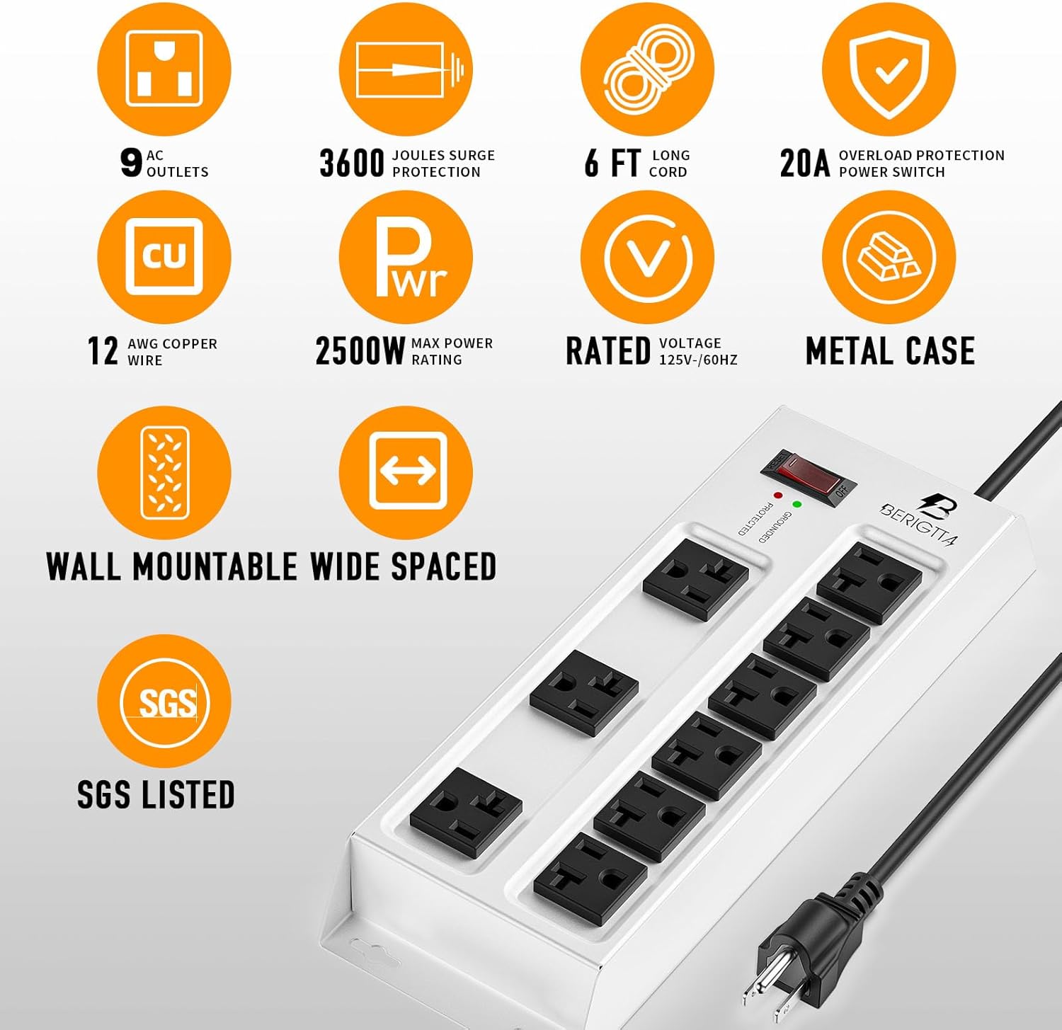 Magnetic Heavy Duty 20A Power Strip with Surge Protector, 9-Outlet Metal Junction Box with 6FT 12/3 Gauge Cord, for Garage, Workshop & Appliance (Silver)