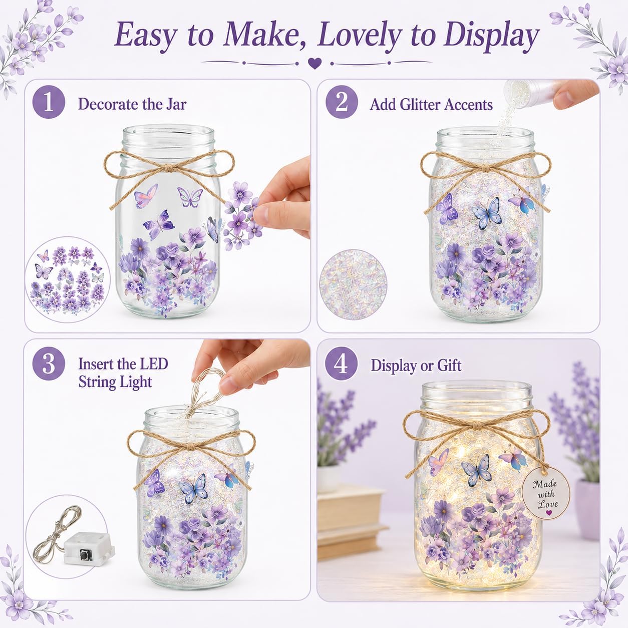 Cinrobiye 6 Set DIY Mason Jar Lantern Craft Kit with LED Lights, Butterfly & Flower Decorations, Handmade Table Centerpiece Decor for Home Party Wedding Craft Lovers
