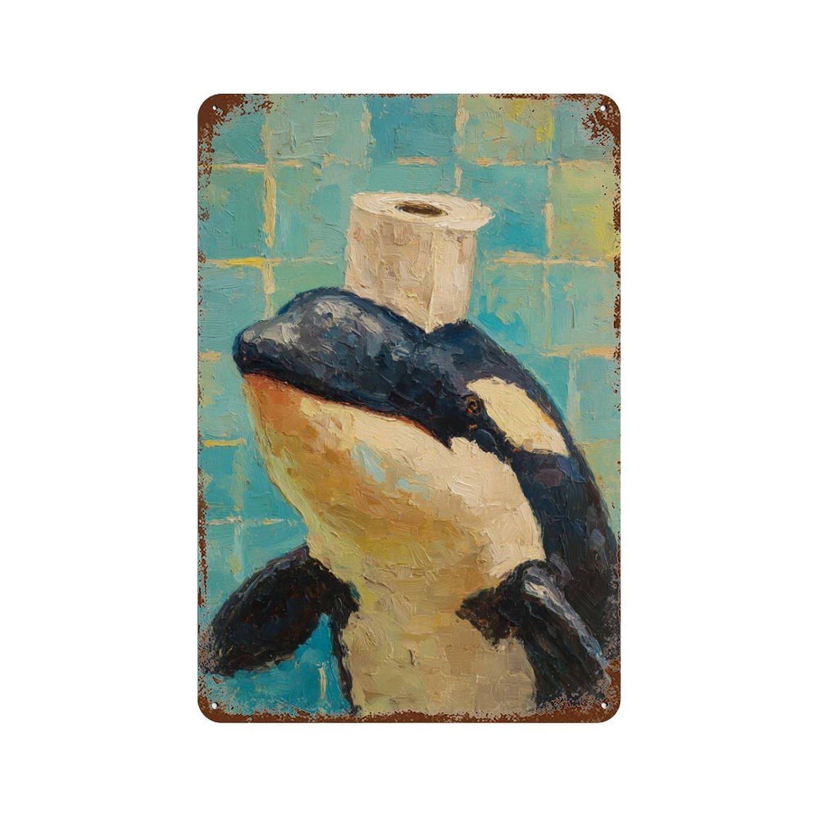 Penguin with Toilet Paper 11.8"x7.9" Aged Metal Wall Plaque, Novelty Wall Decor for Shed, Workshop And Garage Wall Decor