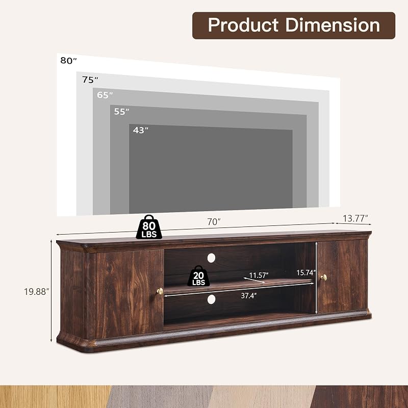 Modern 70" TV Stand w/Storage, Wood Curved TV Console, Brown image 2