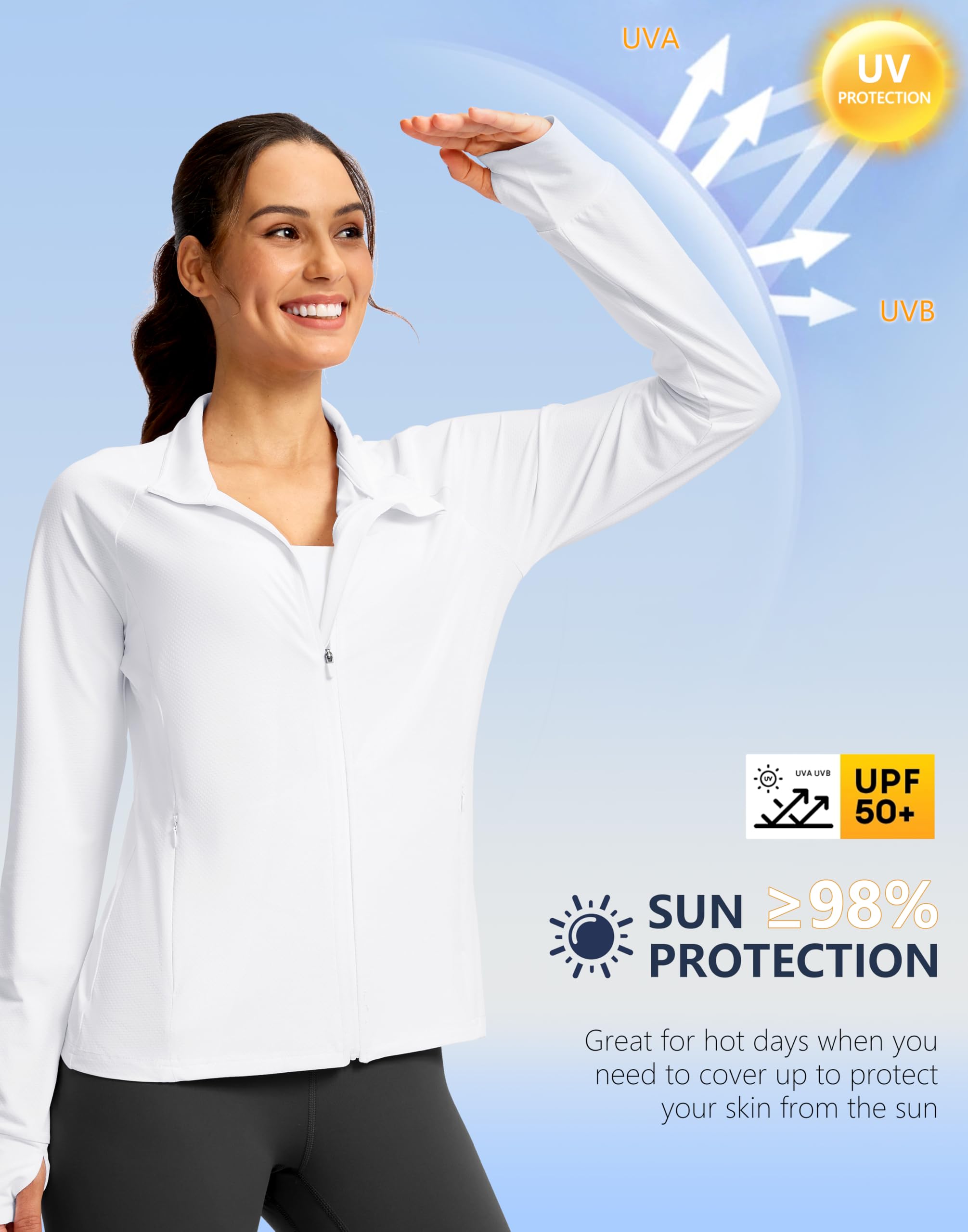 G Gradual Women's UPF 50+ Lightweight Athletic Jacket Sun Protection Zip Up 4 Pockets Long Sleeve Shirts Workout Running, White, XL