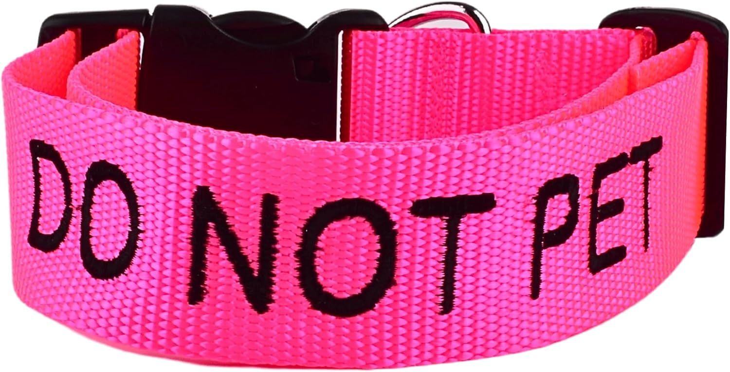 Handmade DO NOT PET Dog Collar - Choice of 20 Custom Embroidered Safety Phrases, Special Needs-Warning-Dog Collar for Large-Medium-Small Dogs (Large (1½ x 15-24"))