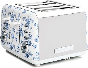 VQ Laura Ashley China Rose Stainless Steel 4 Slice Toaster | Bagels & Bread Toasters 4 Slices Wide Slot with Adjustable Heating & Defrost Mode | Grille Pain 4 tranches with Croissant Warming Rack