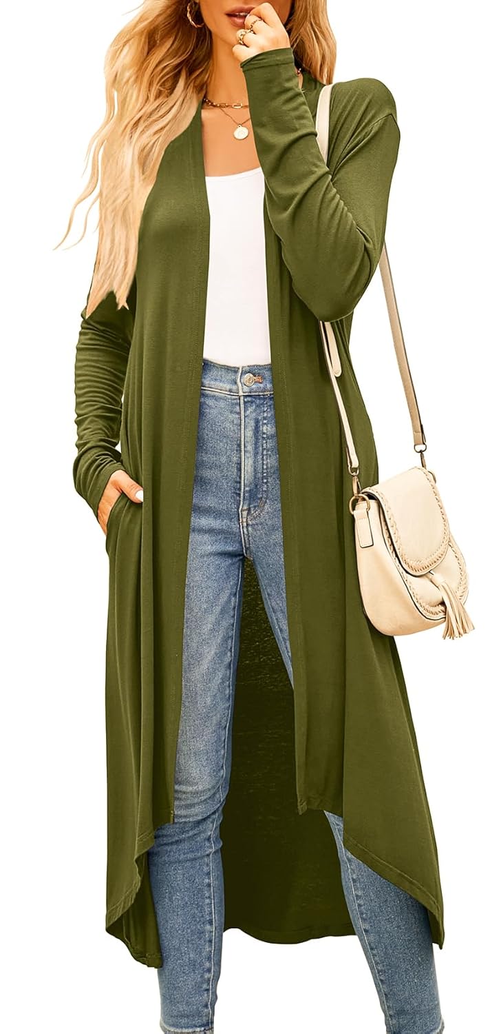 Newchoice Womens Long Cardigan Fall Casual Draped Open Front Lightweight Long Sleeve Cardigan Duster with Pockets
