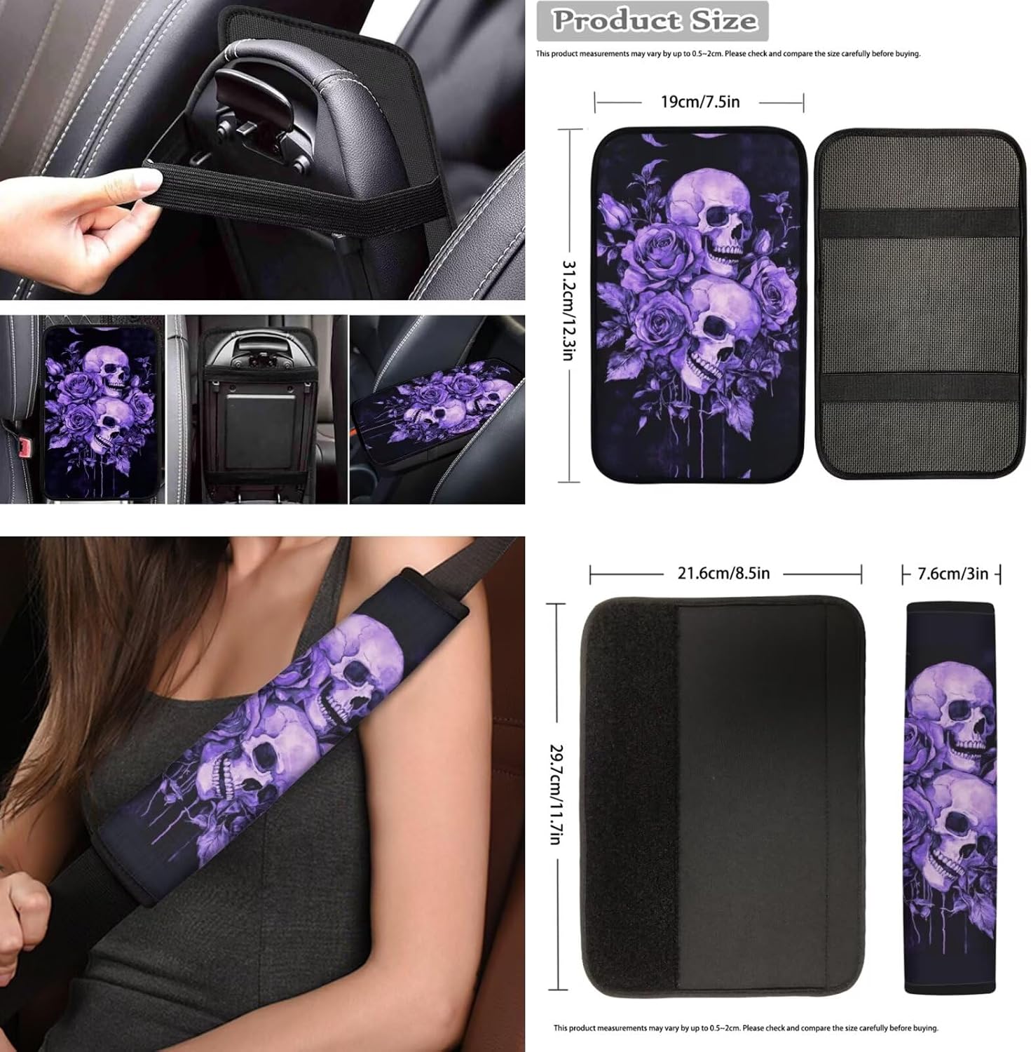 Purple Goth Skull Car Seat Covers Set Purple Rose Skull Automotive Protector Set with Car Steering Wheel Cover Seat Belt Covers Cup Holder with Keychain Unverisal Fit Cars Van SUV Trucks