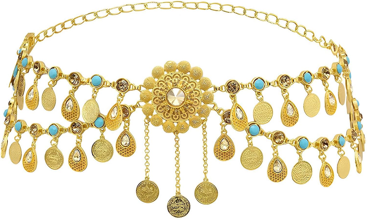 Navoky Crystal Boho Body Chain Gold Coin Pendant Waist Chains Belts Layered Tassel Beads Belly Chains Beach Waist Charm Jewelry Accessories for Women