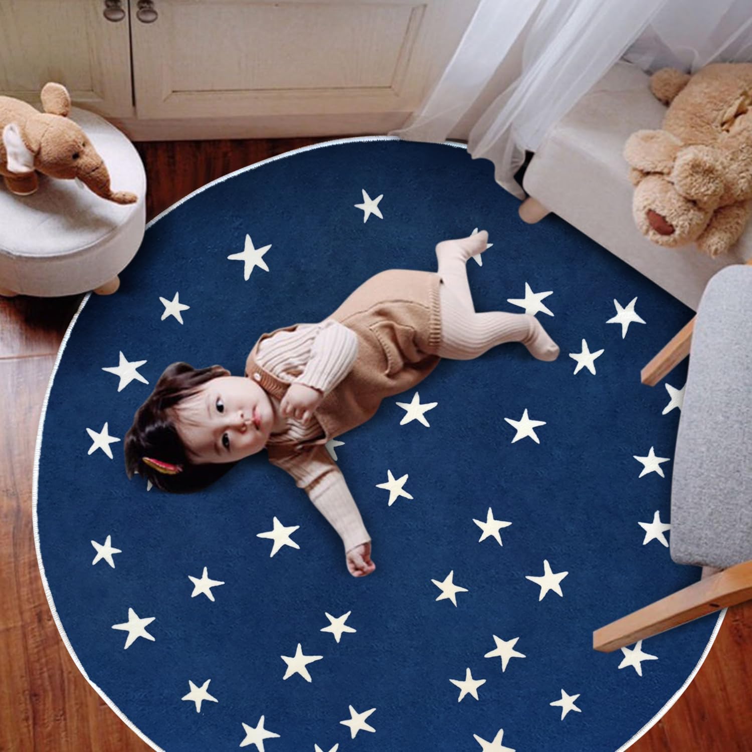 Poowe Stars Round Rug Starry Sky Stars Area Rug Soft Durable Washable for Nursery Playroom Classroom，Kids Area Rug, Large Non-Slip Baby Crawling Floor Mat,Navy Blue-Round 4.6FT