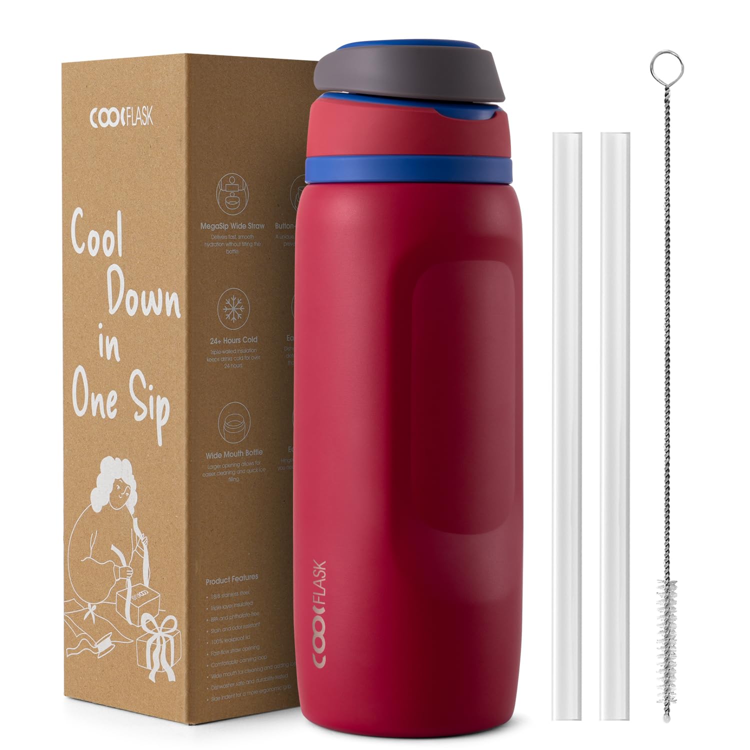 Coolflask MegaSip Water Bottle 1L with Straw, Stainless Steel Insulated Water Bottles Leak-Proof, 24+ Hours Cold, BPA-Free Dishwasher Safe, Water Flask for Sports Gym Work Office, Crimson Cobalt