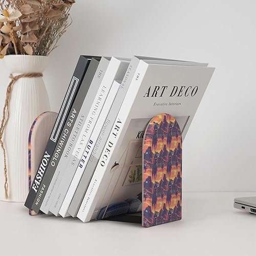 Miniatura 6 de Book Ends for Shelves 1 Pair - Cyber Retro Western Cowboy Print Wood with Metal Base Bookends for Heavy Books, Book Stand Organizer Holder for Books