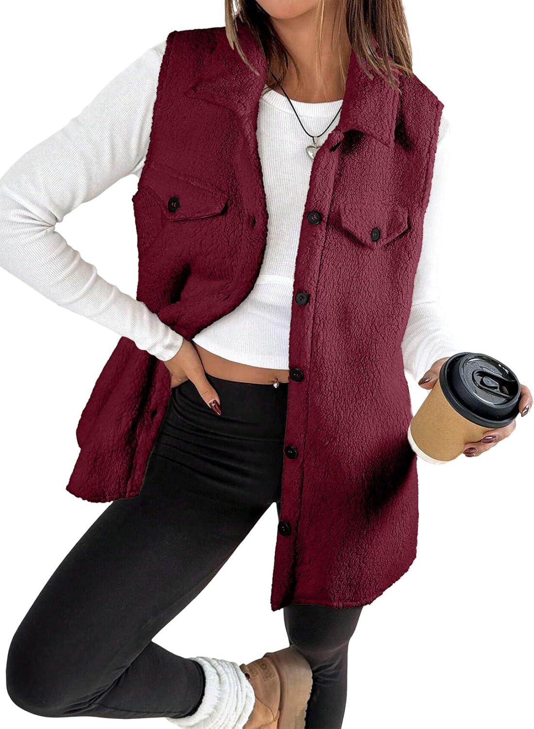 EVALESS Womens Warm Sherpa Fleece Sleeveless Button Down Long Vest Sherpa Jackets Coat Outerwear