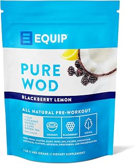 Equip Foods PureWOD Natural Pre Workout Energy Powder - with 200 mg Green Tea Caffeine, BCAA, Creatine Monohydrate, and L Carnitine - 1.07 Pounds, BlackBerry Lemon-Naturally Boosts Your Workouts