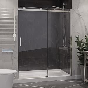 ANZZI 76" x 60" Frameless Shower Door in Brushed Nickel, Rhodes Water Repellent Glass Shower Door with Seal Strip Parts and Handle, Easy Glide Rollers Sliding Shower Door (SD-FRLS05702BN)