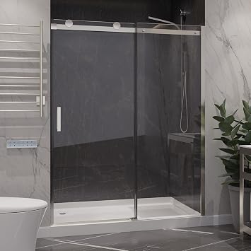 ANZZI Frameless Sliding Shower Door 48 X 76 in, Brushed Nickel, 5/16 | Tempered Deco Glass And A Finish To Create An Open, H Uses Crystal Clear 5/16, Modern Profile The 48 In