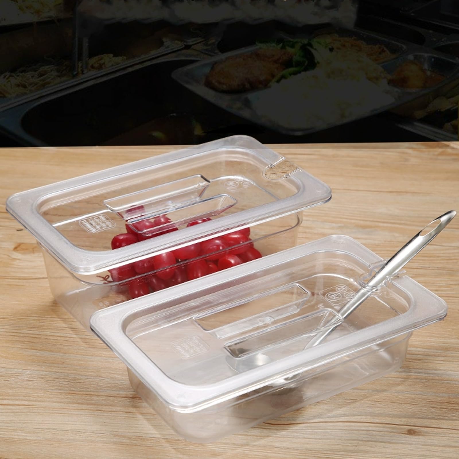 12 tapas universales de policarbonato transparente de tamaño 1/3 con borde dentado y mango para frutas, verduras, frijoles, callos