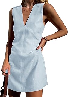 Womens Summer Cotton Linen V Neck Short Dress Sleeveless Mini Dress Casual A Line Tank Sundress - Buy now