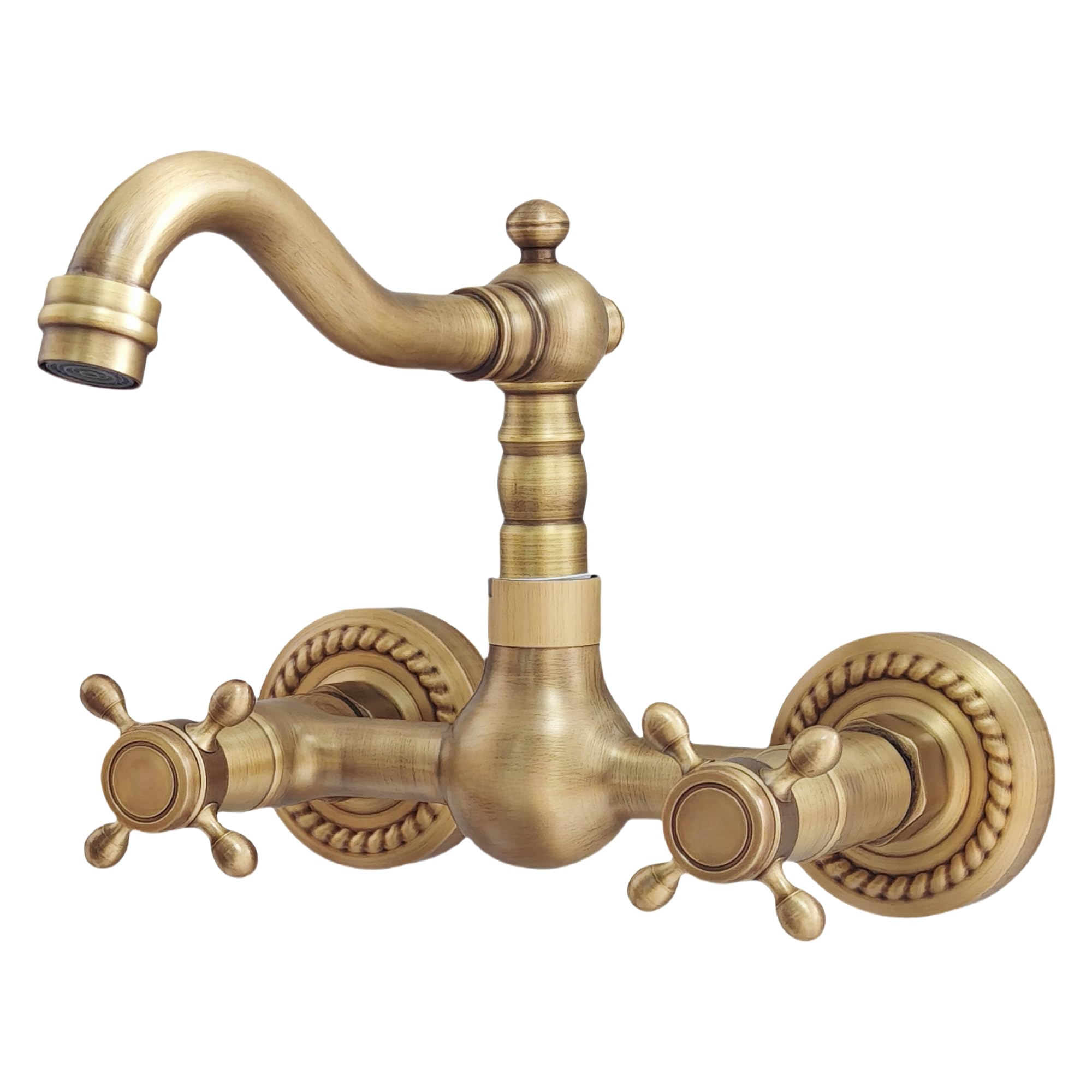 Mezclador Cocina Pared Bronce Antiguo, Vintage Mezclador Grifo Fregadero Latón de Doble Maneta, Giratorio 360° Retro Griferia Lavabo Baño de Pared, Caño 16cm