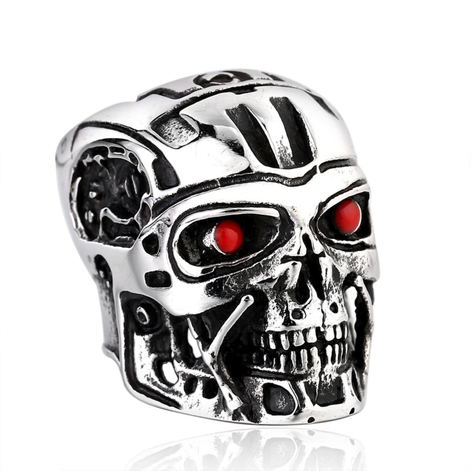 Hcma Men's Green 316L Stainless Steel Ring Terminator Punk Ring Rock Hip-Hop Halloween Party Biker Dark Fashion Jewelry Gift