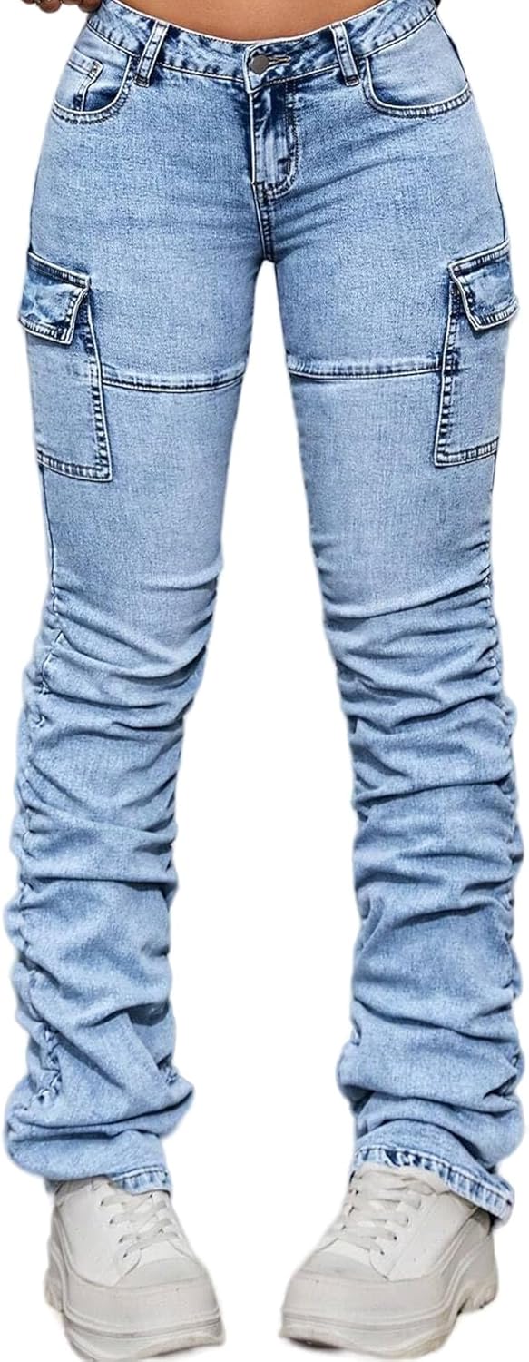 Women's Stacked Jeans Mid Rise Bootcut Skinny Stretchy Denim Pants Trousers