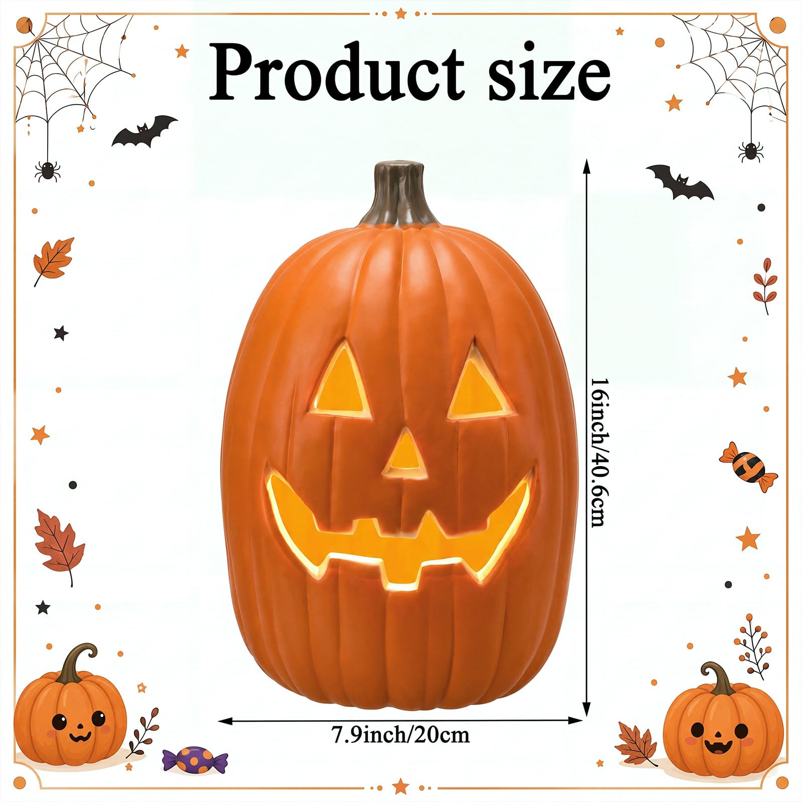 Huquary Lanterna a forma di zucca di Halloween, 40,6 cm, in plastica, con illuminazione a forma di zucca con LED spettrale, decorazione per Halloween, Ringraziamento, autunno, da tavolo, comodino