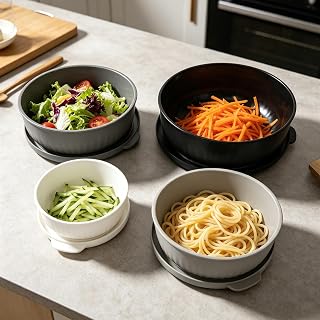 Salad Bowl with Lid Set, 4 Stackable Salad Bowls, Mixing Bowl, BPA-Free, Food Jars with Lids, 0.4/0.78/1.4/2.2L, Dishwashers, Microwaves and Freezer Safe (Black/White/Grey/Light Grey)