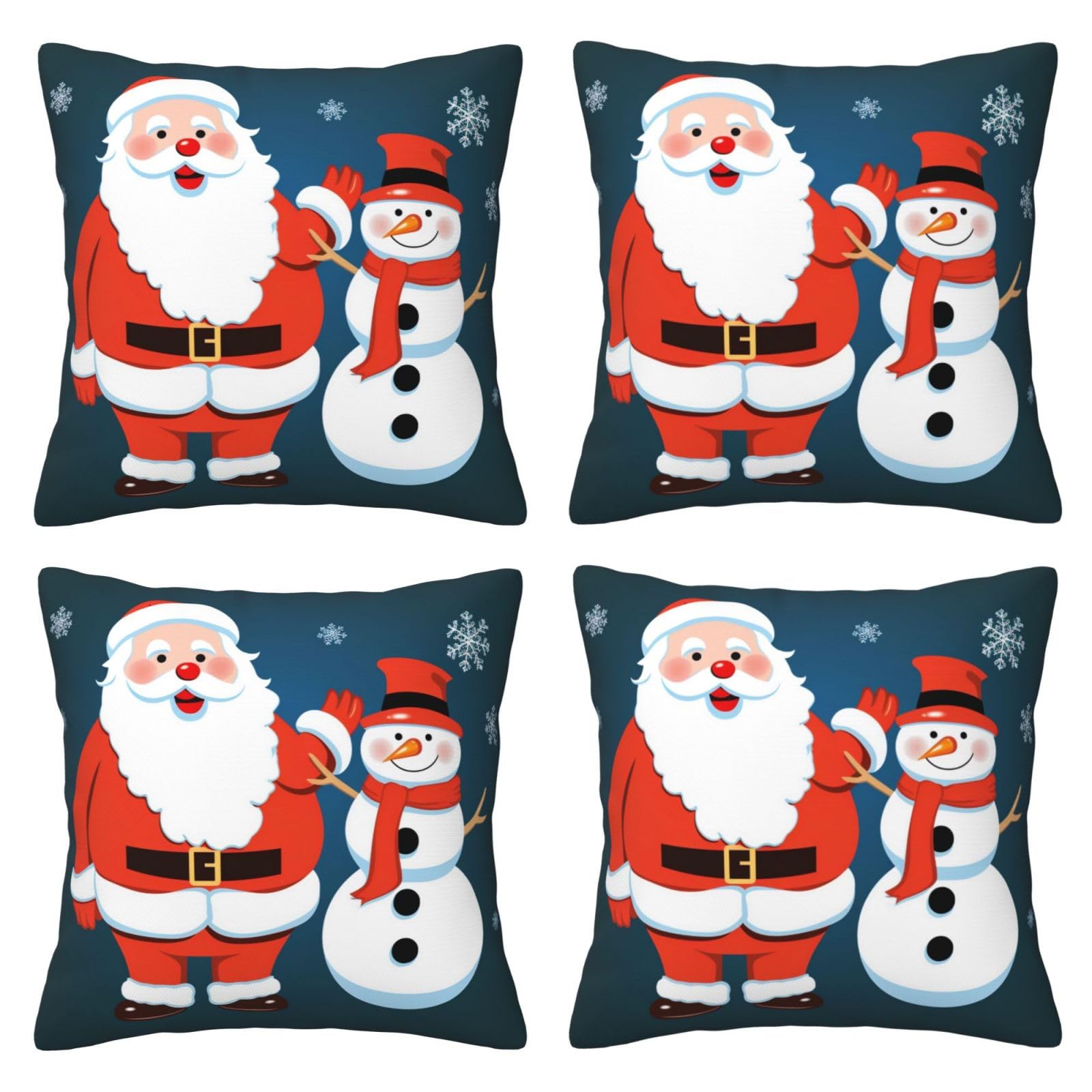 Snowman Santa Throw Pillow Cases 4 Pack Square Pillowcases Super Soft Pillow Protectors With Zipper for Couch Livingroom Sofa Bed Office Car,40x40 CM