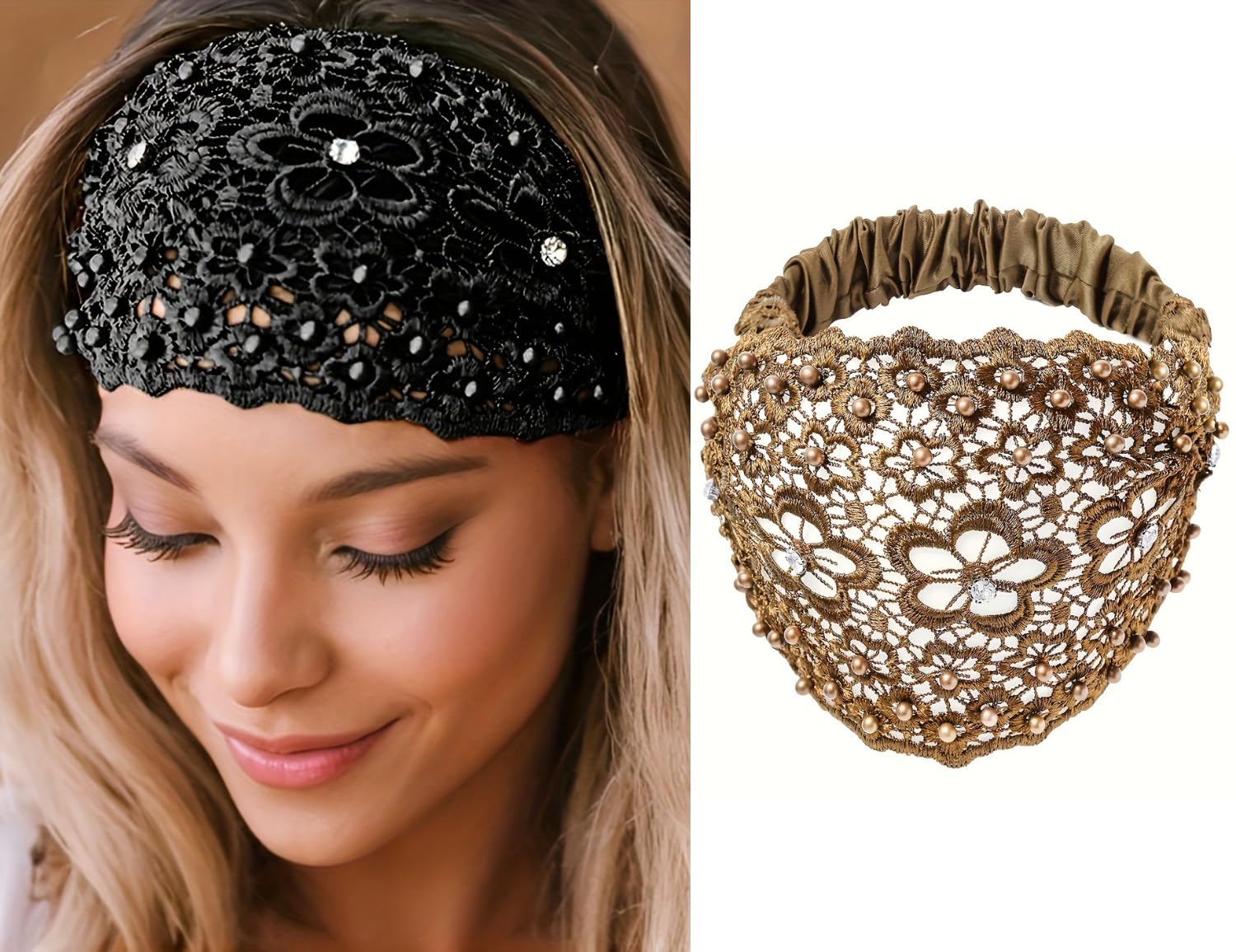 Lace Headbands for Women, Wide Floral Pearl Lace Elastic Head Bands, Bandanas for Hair, Head Cover for Women, Hair Band for Women Stylish, Beanie Cap for Women, Viral Forehead Hair Band (Brown, Pack-1)-image-34