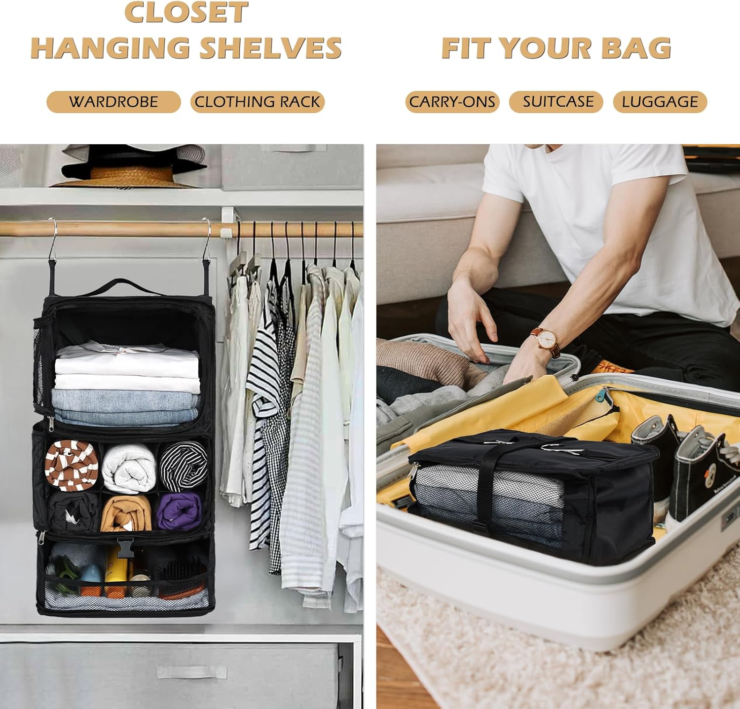 Surblue Hanging Shelves Travel Storage Bag Compression Packing Cube for Suitcase Collapsible with Extension Layer Large Capacity, Black,XL - Image 2