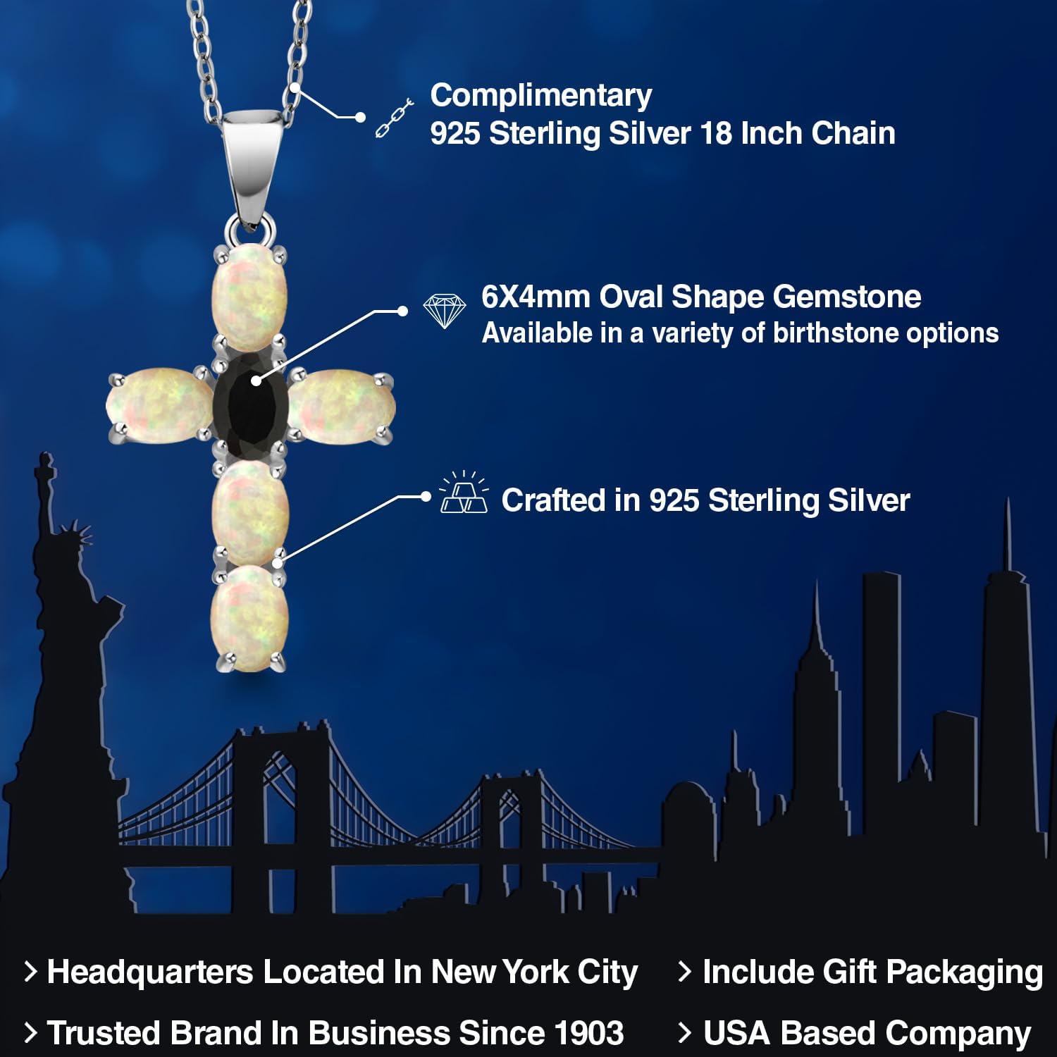Gem Stone King 925 Sterling Silver White Ethiopian Opal and Black Onyx Cross Pendant Necklace for Women | 2.00 Cttw | Gemstone October Birthstone | Oval Cabochon 6X4MM | With 18 Inch Chain