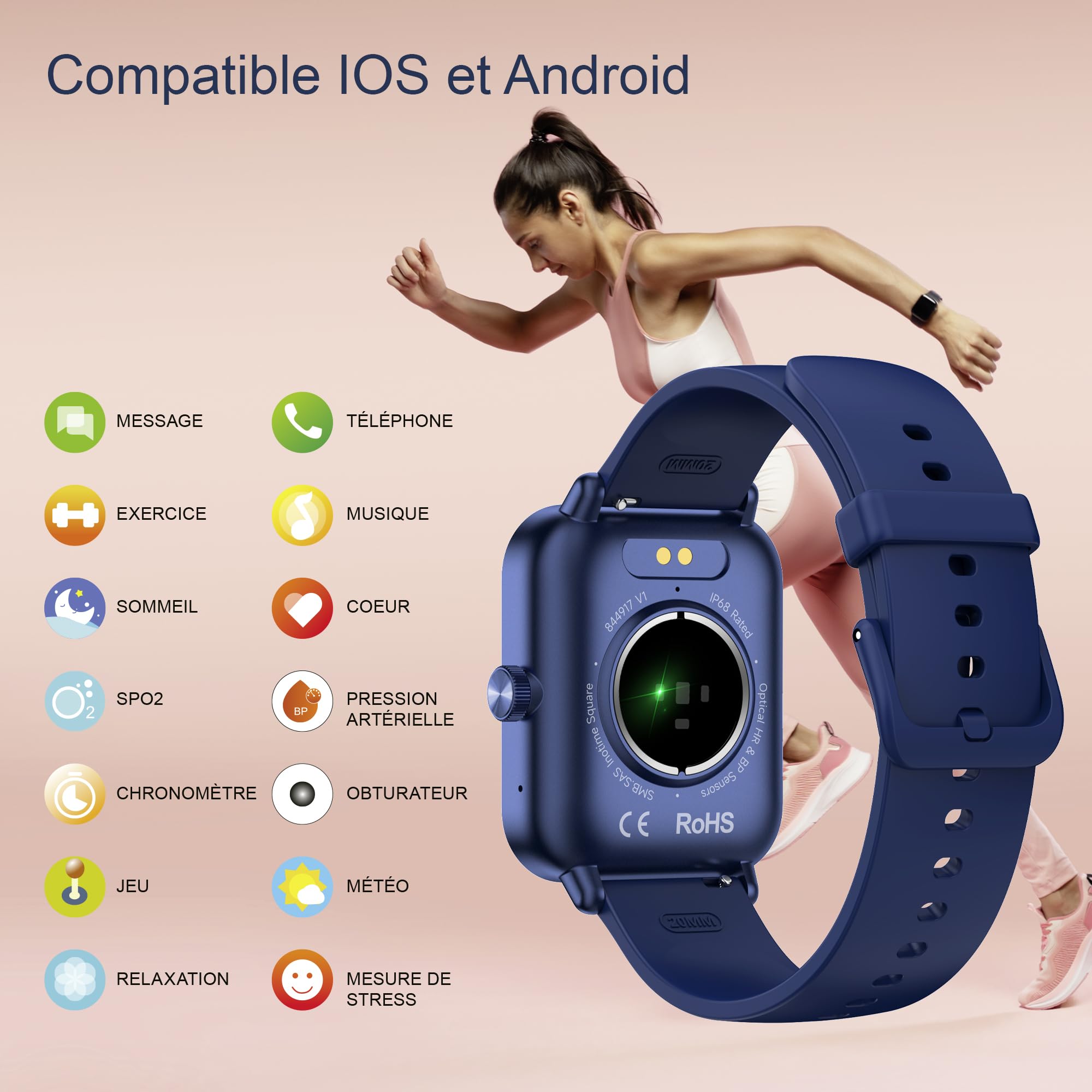 Digitec Montre connectée Square Bleue avec Bracelet en Silicone Bleu, Homme Femme, Suivi activité et Sommeil