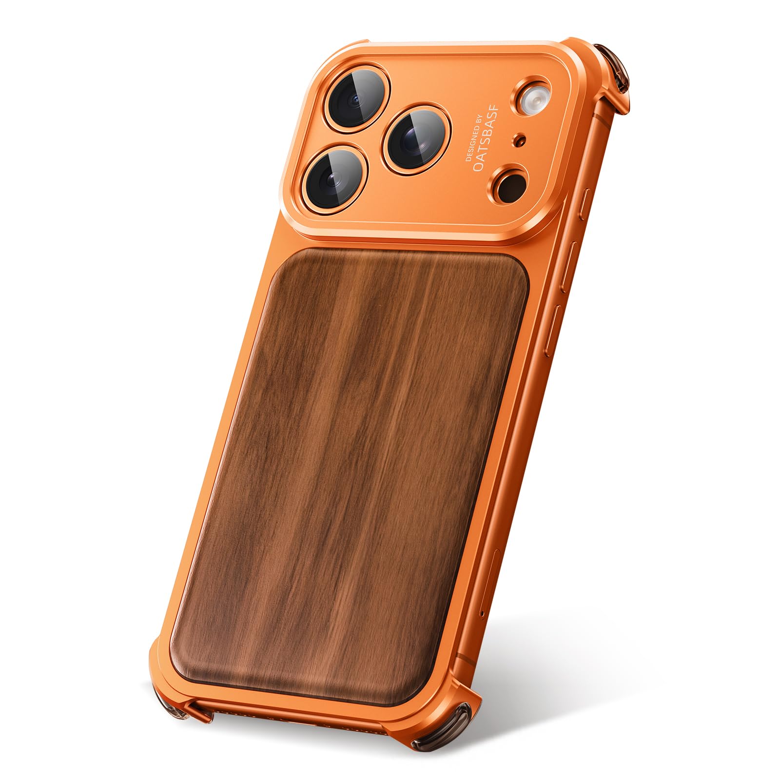 OATSBASF Funda para iPhone 17 Pro Max, protección completa de la cámara, compatible con cargador MagSafe, marco de metal, panel trasero de grano de madera (naranja, para iPhone 17 Pro Max)