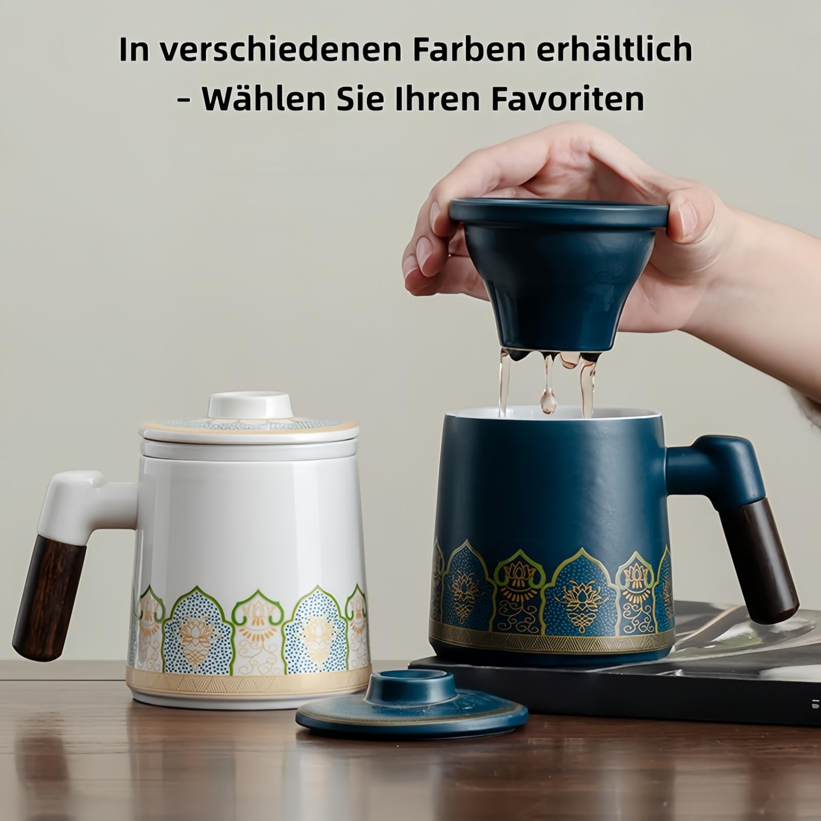Teetasse mit Deckel & Sieb 400ml, Keramik Becher mit Holzgriff & Porzellanfilter für Büro, Haushalt oder Geschenk (Elfenbein - 4 Stück)