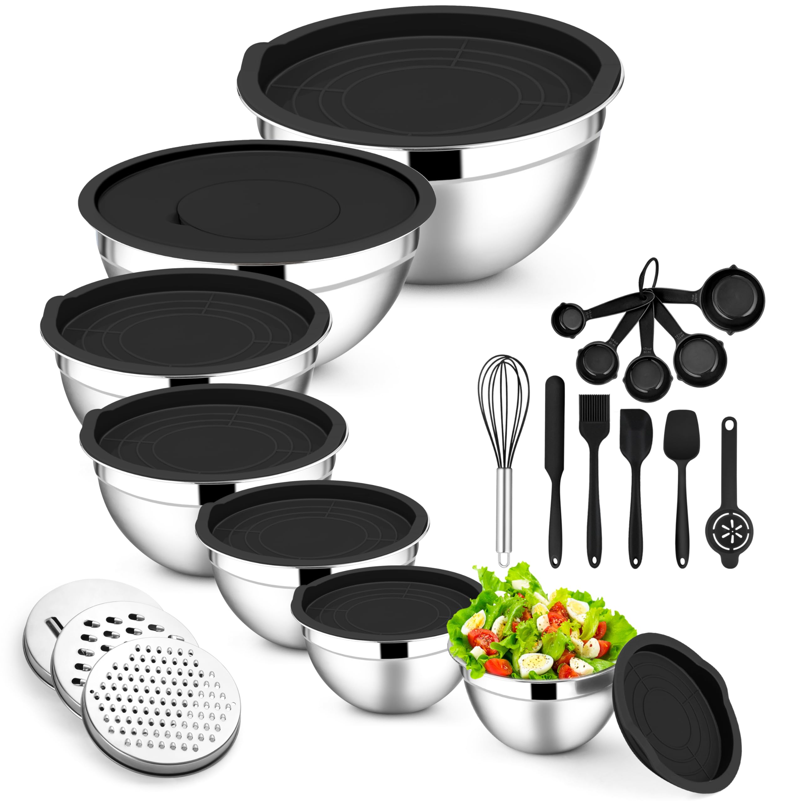 E-far Rührschüsseln mit Deckel, 21-teiliges Edelstahl-Salat-Rührschüsseln mit 3 Reibeaufsätzen, Größe 7, 4,6, 3,5, 2,6, 2, 1,5, 1QT, Nesting-Design und schwarzer, luftdichter Deckel, zum
